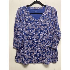 J Jill Women's Top Size Medium Blue & Pink Paisley Print V Neck 3/4 Sleeves